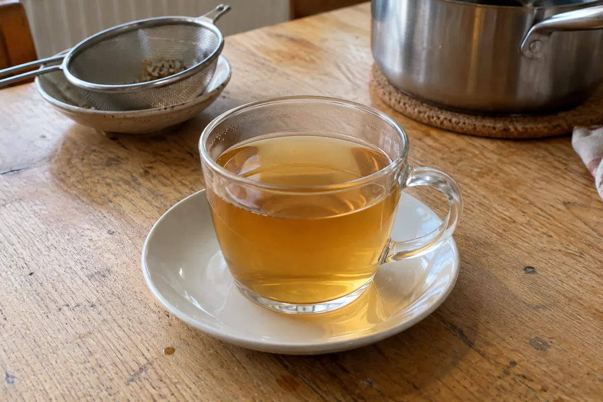 Kleine Glastasse mit abgesiebtem, hellgoldenem Apfel-Zimt-Tee