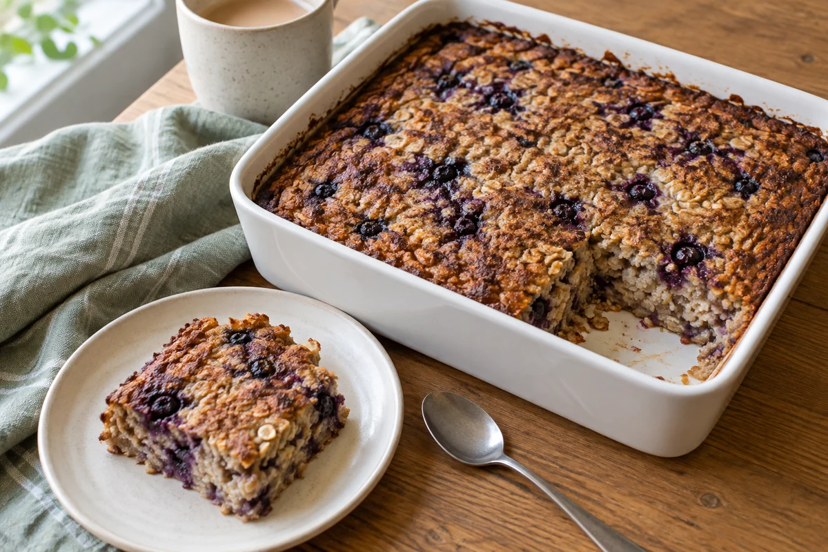 Golden banana oat breakfast bake with cooked blueberries in a baking dish and a small serving on a plate