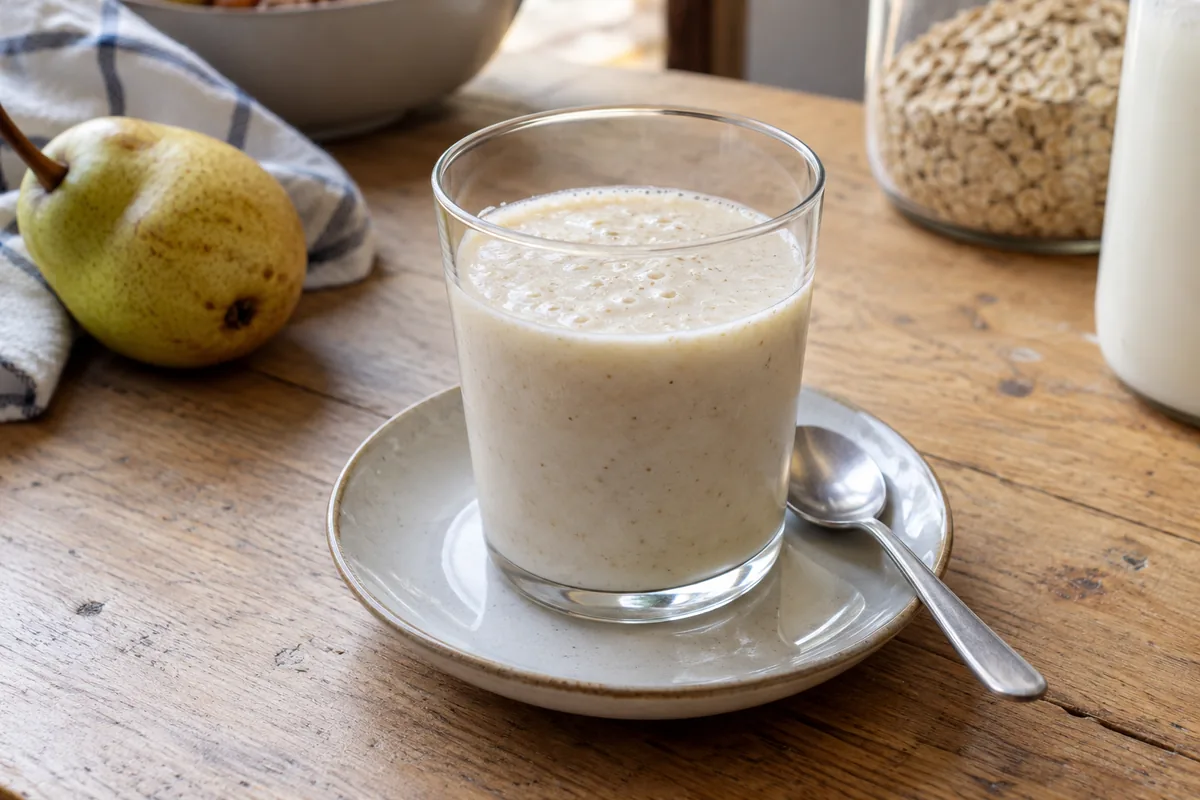 Kleines Glas mit cremigem Birnen-Hafer-Smoothie auf einem Holztisch