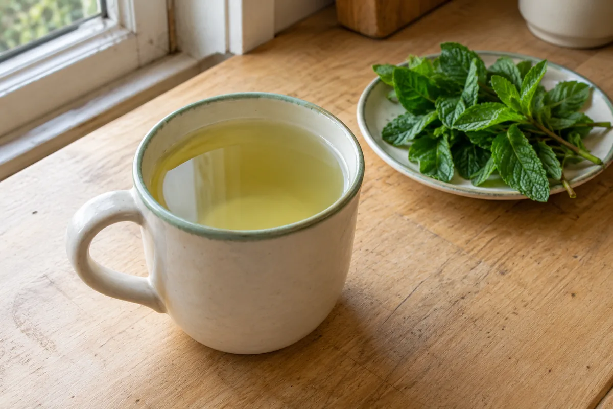 Kleine Keramiktasse mit hellem, abgesiebtem Minztee neben frischen Minzblättern