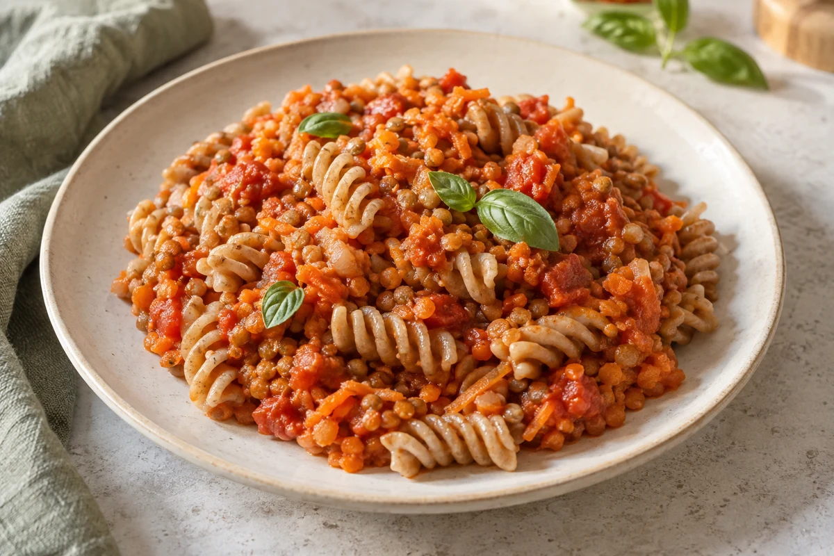 Pasta with mild lentil bolognese