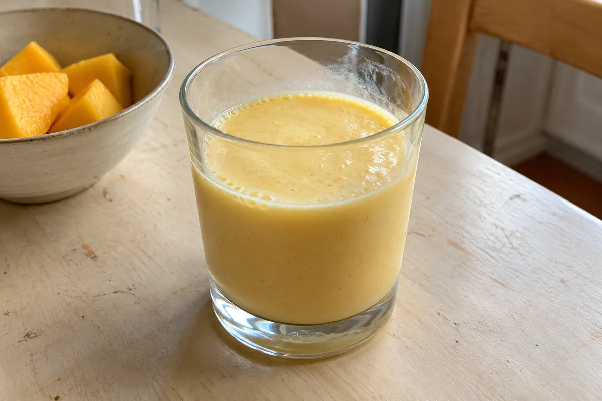 Kleines Glas mit hellgelbem Mango-Joghurt-Smoothie auf einem Küchentisch