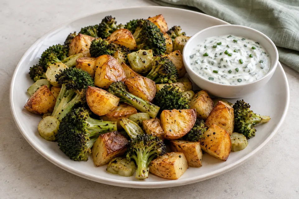 Roast potatoes, broccoli & dip