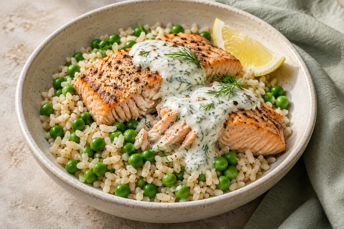 Salmon, rice & green peas