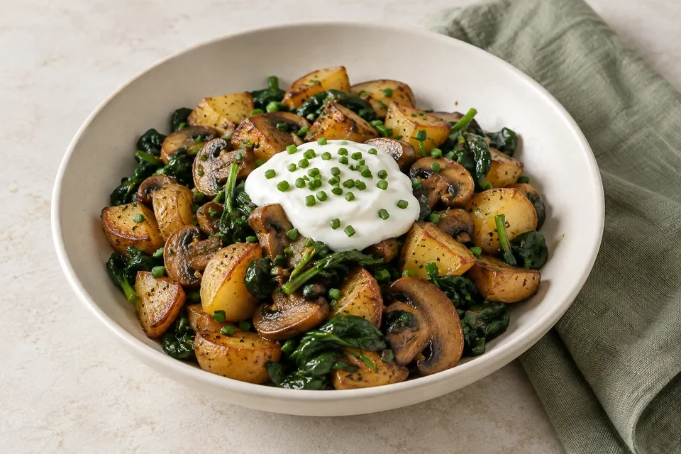 Potato & mushroom pan with yoghurt dip